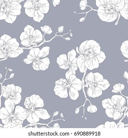 Vector hand drawn seamless pattern with stylized orchid branch for your design on the light gray background, pattern can be used for wallpaper.
