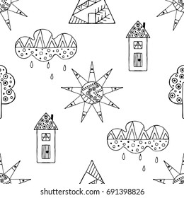 Vector hand drawn seamless pattern, decorative stylized black and white childish houses, trees, sun, cloud. Doodle sketch style, graphic illustration, background. Ornamental cute hand drawing. 