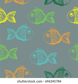 vector hand drawn seamless pattern with cute small fishes