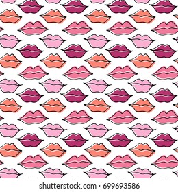 Vector hand drawn seamless pattern with lips. Abstract fashion background. Colorful texture.