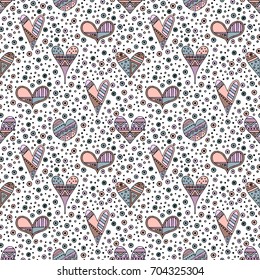 Vector hand drawn seamless pattern, decorative stylized childish hearts. Doodle style, tribal graphic illustration Cute hand drawing in pink colors. Series of doodle, cartoon, sketch illustrations