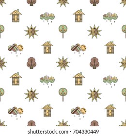 Vector hand drawn seamless pattern, decorative stylized childish house, tree, sun, cloud, rain Doodle style, graphic illustration Childlike cute cartoon, hand drawing