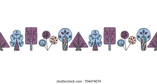 Vector hand drawn seamless pattern, border. Decorative stylized childish trees Doodle style, tribal graphic illustration Ornamental cute hand drawing Series of doodle, cartoon sketch seamless patterns