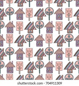 Vector hand drawn seamless pattern Decorative stylized childish trees, house Doodle style, tribal graphic illustration Ornamental cute hand drawing Series of doodle, cartoon sketch seamless patterns