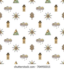 Vector hand drawn seamless pattern, decorative stylized childish house, tree, sun, cloud, rain Doodle style, graphic illustration Childlike cute cartoon, hand drawing