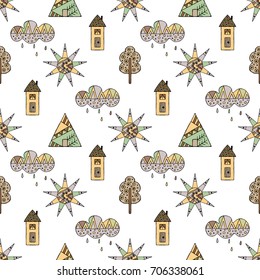 Vector hand drawn seamless pattern, decorative stylized childish house, tree, sun, cloud, rain Doodle style, graphic illustration Childlike cute cartoon, hand drawing