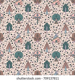 Vector hand drawn seamless pattern, decorative stylized childish trees. Doodle style, tribal graphic illustration. Ornamental cute hand drawing Series of doodle, cartoon, sketch seamless patterns