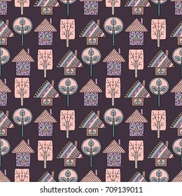 Vector hand drawn seamless pattern Decorative stylized childish trees, house Doodle style, tribal graphic illustration Ornamental cute hand drawing Series of doodle, cartoon sketch seamless patterns