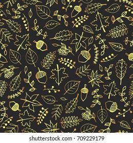 Vector hand drawn seamless pattern with gold autumn elements: foliage, berries, acorns, mushrooms, oak and maple leaves. Luxurious fall ornament. 