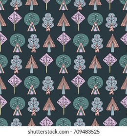 Vector hand drawn seamless pattern, decorative stylized childish trees. Doodle style, tribal graphic illustration. Ornamental cute hand drawing Series of doodle, cartoon, sketch seamless patterns