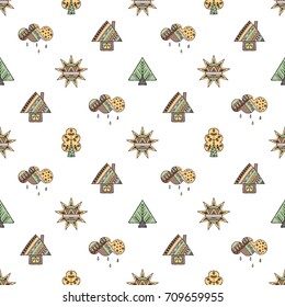 Vector hand drawn seamless pattern, decorative stylized childish house, tree, sun, cloud, rain Doodle style, graphic illustration Childlike cute cartoon, hand drawing