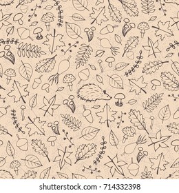 Vector hand drawn seamless pattern with autumn elements contours: foliage, berries, acorns, mushrooms, oak and maple leaves, rose hips and hedgehogs. Fall outline ornament. 