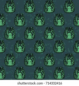 Vector hand drawn seamless pattern with green octopuses in the bottles on the textured background. Witchcraft design.