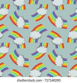 vector hand drawn seamless pattern with rainbow and clouds 