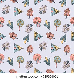 Vector hand drawn seamless pattern, decorative stylized childish trees. Doodle style, tribal graphic illustration. Ornamental cute hand drawing Series of doodle, cartoon, sketch seamless patterns