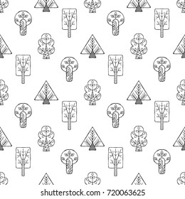 Vector hand drawn seamless pattern, decorative stylized childish trees. Doodle style, tribal graphic illustration. Ornamental cute hand drawing Series of doodle, cartoon, sketch seamless patterns