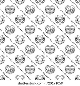 Vector hand drawn seamless pattern, decorative stylized childish hearts. Doodle style, tribal graphic illustration Cute hand drawing Series of doodle, cartoon, sketch illustrations