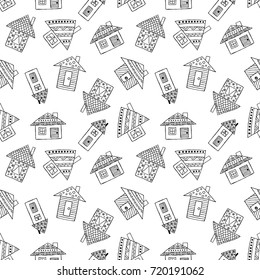 Vector hand drawn seamless pattern Decorative stylized childish houses Doodle style, graphic illustration Ornamental cute hand drawing Series of doodle, cartoon, sketch illustrations