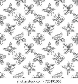Vector hand drawn seamless pattern, decorative stylized childish butterflies. Doodle style, tribal graphic illustration Cute hand drawing Series of doodle, cartoon, illustrations