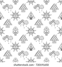 Vector hand drawn seamless pattern, decorative stylized childish house, tree, sun, cloud, rain Doodle style, graphic illustration Childlike cute cartoon, hand drawing
