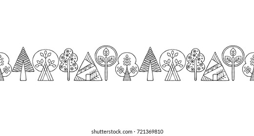 Vector hand drawn seamless pattern, border decorative stylized childish trees. Doodle style, tribal graphic illustration. Cute hand drawing Series of doodle, cartoon, sketch seamless patterns