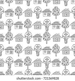 Vector hand drawn seamless pattern Decorative stylized childish trees, house Doodle style, tribal graphic illustration Ornamental cute hand drawing Series of doodle, cartoon sketch seamless patterns