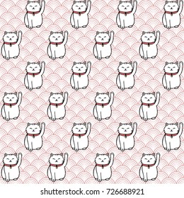 Vector hand drawn seamless pattern with white japanese maneki neko lucky cats. Cute asian background with circles.