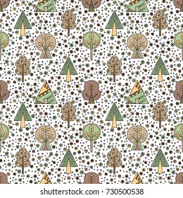 Vector hand drawn seamless pattern, decorative stylized childish trees. Doodle style, tribal graphic illustration. Ornamental cute hand drawing Series of doodle, cartoon, sketch seamless patterns