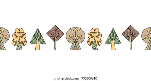 Vector hand drawn seamless pattern, border. Decorative stylized childish trees Doodle style, tribal graphic illustration Ornamental cute hand drawing Series of doodle, cartoon sketch seamless patterns