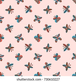 Vector hand drawn seamless pattern, decorative stylized childish butterflies. Doodle style, tribal graphic illustration Cute hand drawing in vintage colors. Series of doodle, cartoon, illustrations