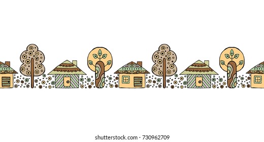 Vector hand drawn seamless pattern, border. Decorative stylized childish trees, house. Doodle style, tribal graphic illustration Ornamental cute hand drawing Series of doodle seamless patterns