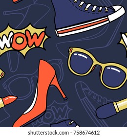 vector hand drawn seamless pattern with trendy assesories and shoes on a navy blue  background