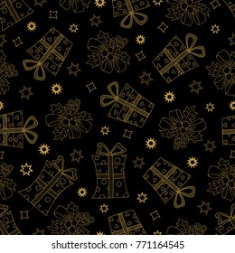 Vector hand drawn seamless pattern with New Year or Merry Christmas elements on a black background