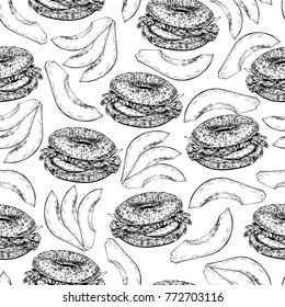 Vector hand drawn seamless pattern of bagels and avocado slice. Hand drawn set of fast food. Vintage engraved illustration. Isolated on white. For restaurant, menu, street food, bakery, cafe, flyer