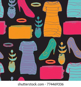 Vector hand drawn seamless pattern with woman fashion objects on black background. Dress, shoes and jewelry in doodle style