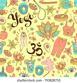Vector hand drawn seamless pattern. Yoga equipment and accessories, positive atmosphere. Cute cartoon style. Color illustration. Ohm.