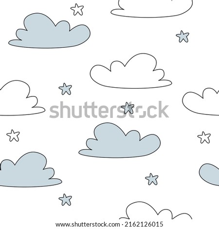 Vector hand drawn seamless pattern with clouds and stars in doodle style. Seamless wallpaper on a white background. Modern children's print for clothes, textiles.
