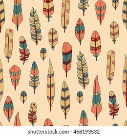 Vector Hand Drawn Seamless Patterns with Feathers / Background with Colored Abstract Feathers