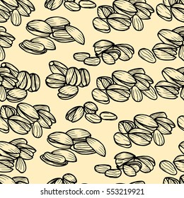 Vector hand drawn seamless Pistachios pattern. Engraved collection.