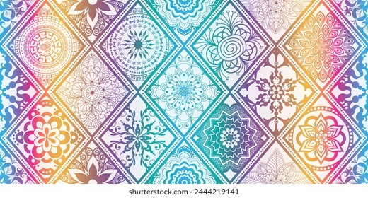 Vector hand drawn seamless rainbow pattern with rhombuses with mandalas. Islam, Arabic, Indian, ottoman motifs. Perfect for printing on fabric or paper.