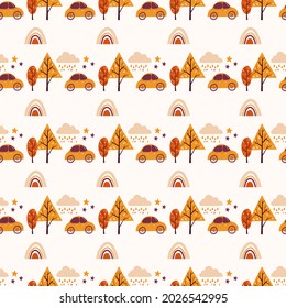 Vector hand drawn seamless simple pattern with car, raining cloud, rainbow and autumn trees. Vector Illustration for fabric, print, textile, wrappert, background. Autumn time. Childish texture