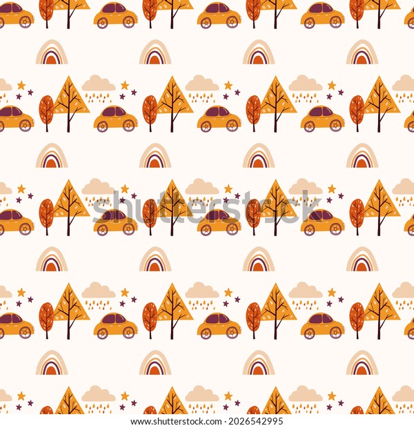 Vector hand drawn seamless simple pattern with\
car, raining cloud, rainbow and autumn trees. Vector Illustration\
for fabric, print, textile, wrappert, background. Autumn time.\
Childish texture