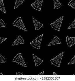 Vector Hand Drawn Seamless Slice Of Pepperoni Pizza Pattern Black Background