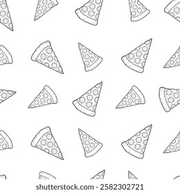 Vector Hand Drawn Seamless Slice Of Pepperoni Pizza Pattern White Background