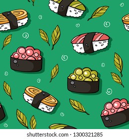 Vector hand drawn seamless sushi pattern in doodle style. Cute sushi with salmon, tamagoyaki and caviar. Sushi pattern for cafe, restaurant menu. Perfect for fabric and wrapping paper. 