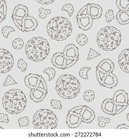 Vector hand drawn seamless texture with cookies, pretzels and crackers.