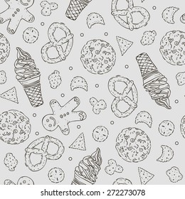 Vector hand drawn seamless texture of different confectionery.