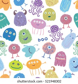 Vector hand drawn seamless texture with cartoon funny monsters. Perfect for printing.Decorative pattern