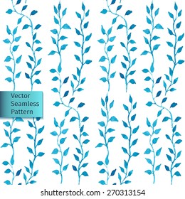 Vector hand drawn seamless watercolor blue leaves natural decorative floral ornamental pattern.