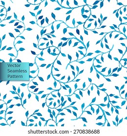 Vector hand drawn seamless watercolor blue leaves natural decorative floral ornamental pattern